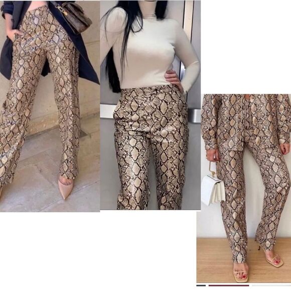 Zara Snake Print Faux Leather Pants Sand Brown High Waist Sz S - Picture 3 of 17